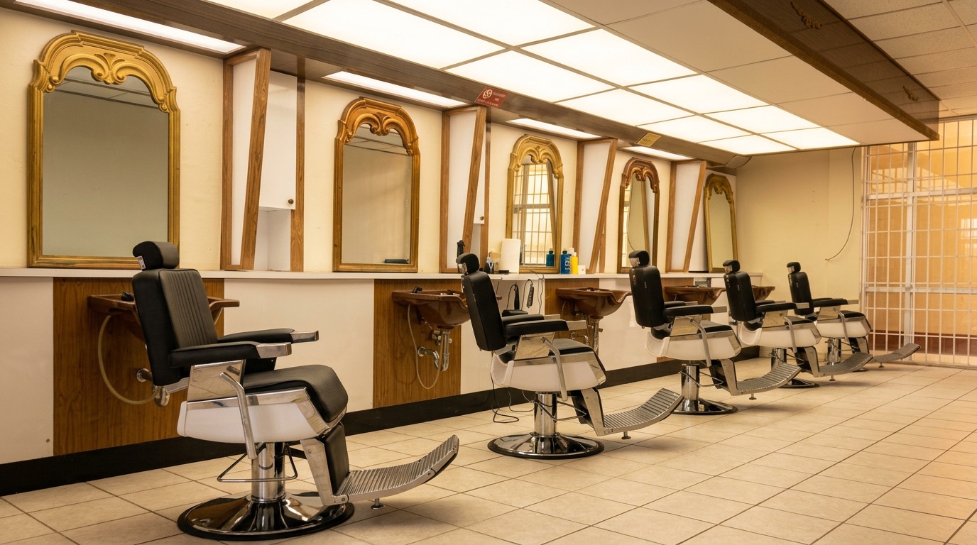 Fila de sillas clásicas de barbero con espejos dorados