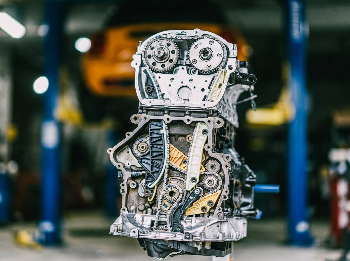 Detalle de motor europeo en reconstrucción