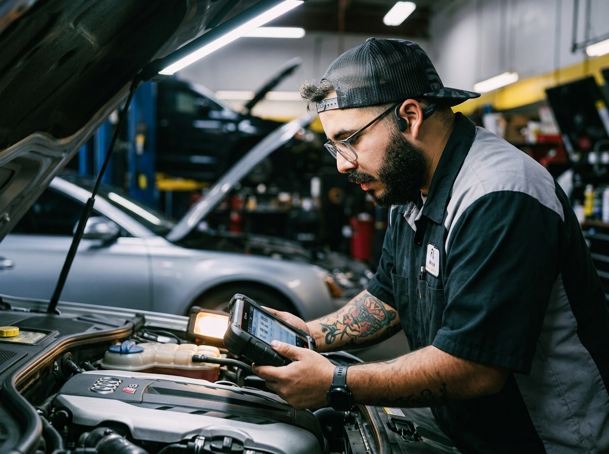 Técnico diagnosticando motor