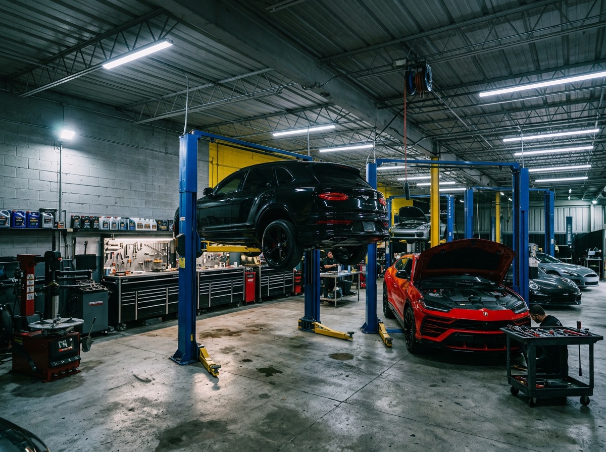 Interior del taller con múltiples bahías de servicio