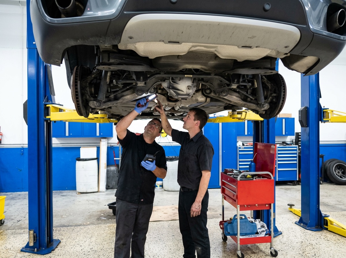 Mecánicos trabajando bajo BMW
